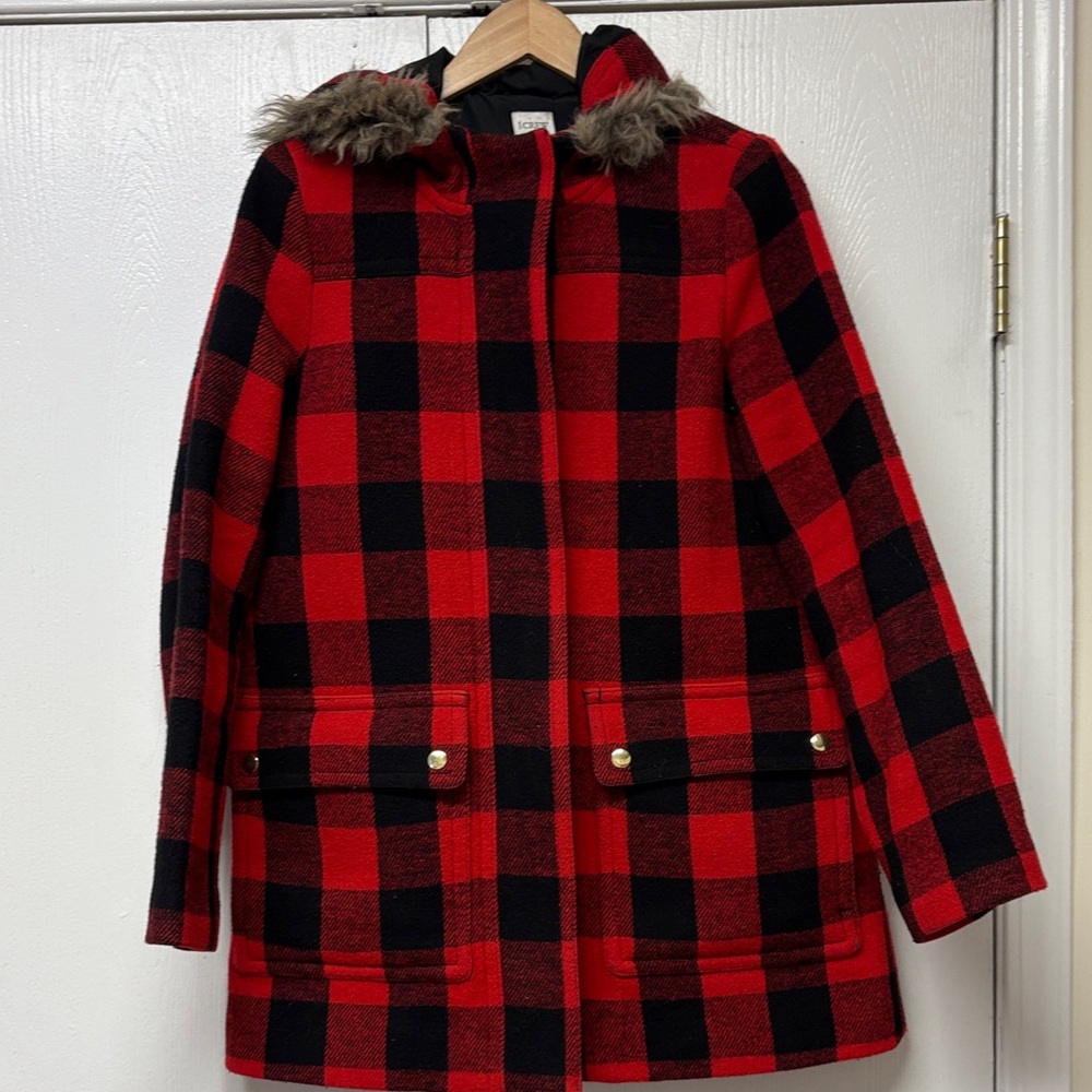 J Crew Factory Red and Black Plaid Coat with Faux Fur Hood